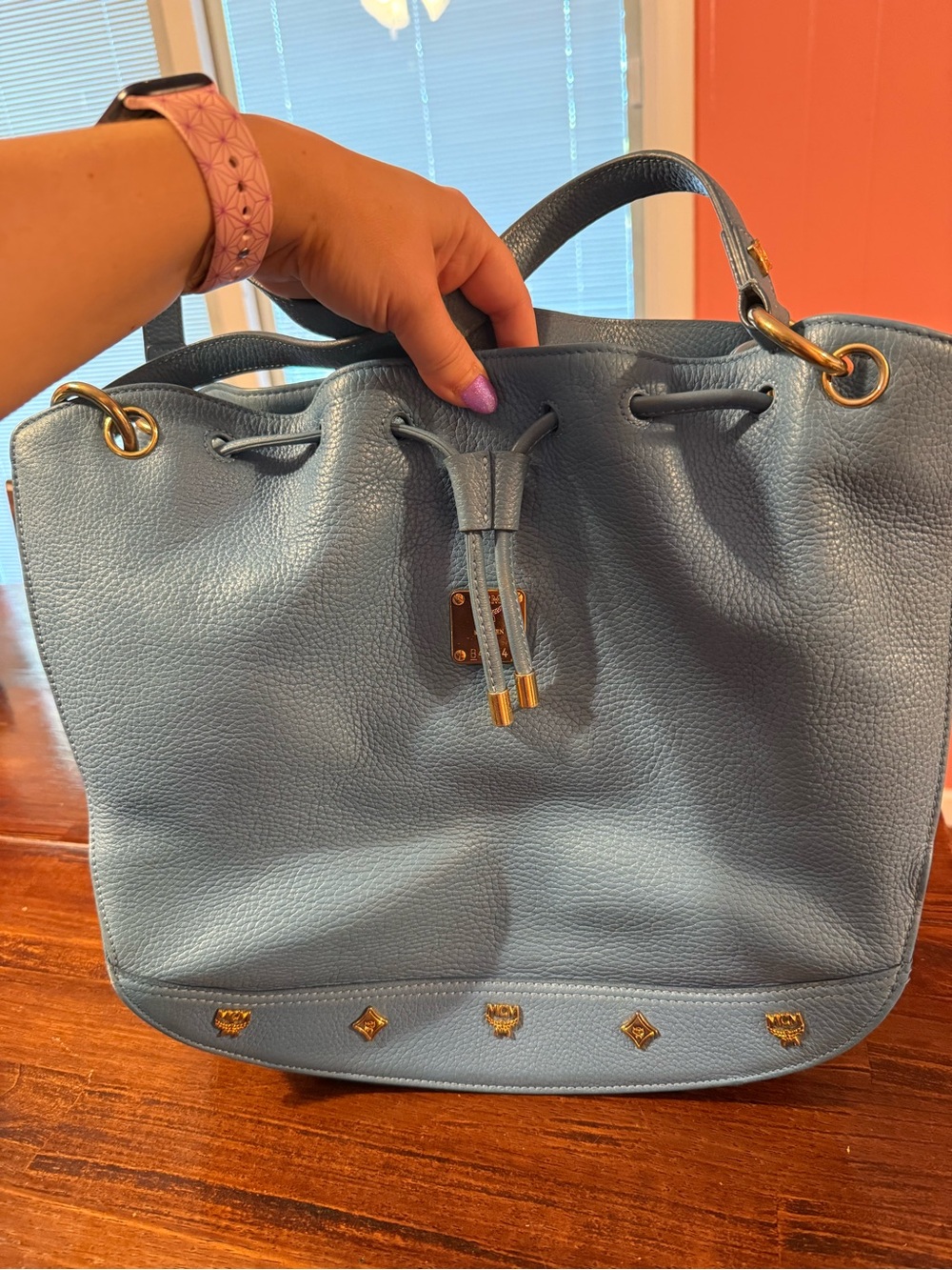 MCM Light Blue Pebbled Leather Drawstring Bucket Tote